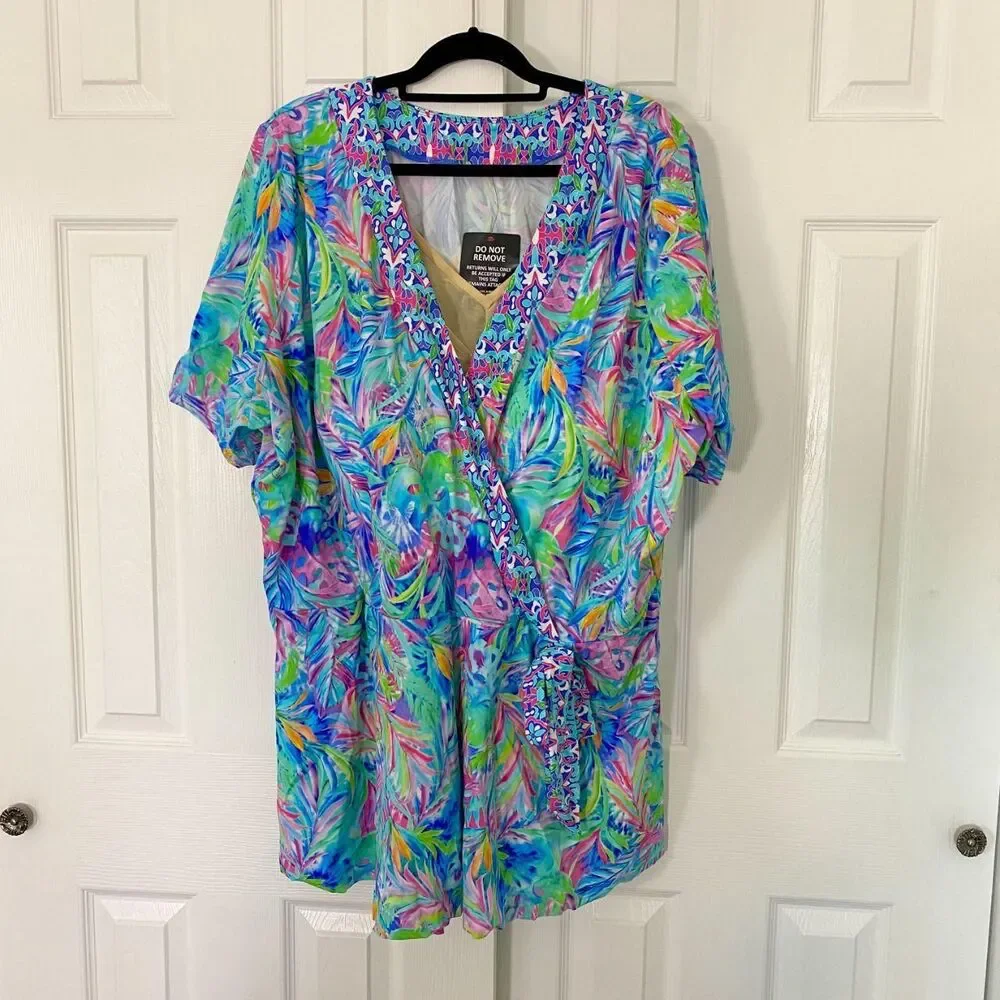 NWT Swim 365 Faux Wrap Tankini Top Tunic Rainbow Tie Dye Palm Size US 32 4XL